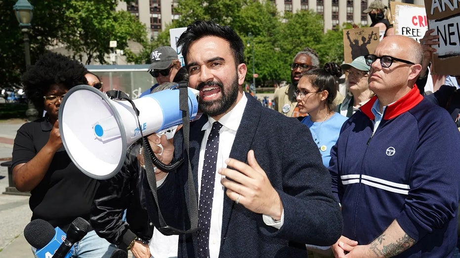 Zohran Mamdani, New York state assemblyman and New York City mayoral candidate, speaks at an emergency rally held by the Working Families Party to criticize the Trump administration, after ICE agents arrested Ras Baraka, mayor of Newark and New Jersey Democratic candidate for governor, at Foley Square in New York, New York, on May 10, 2025.
